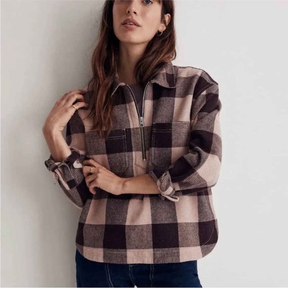 Madewell Plaid Waffle Half-Zip Cotton Pullover heavyweight Shirt size small